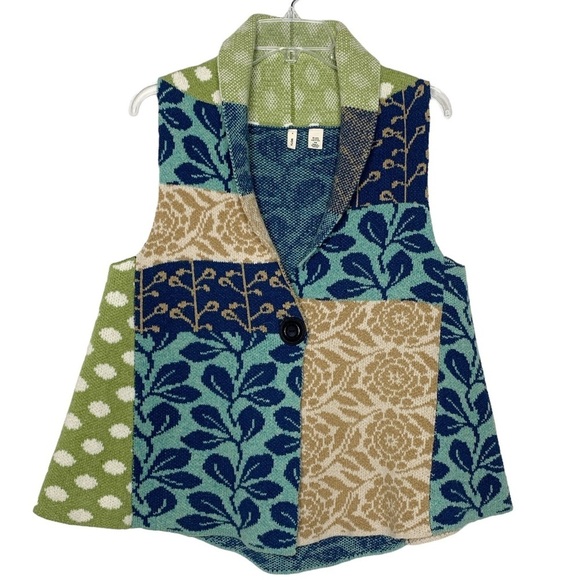 Patchwork Knit Vest Colorful Floral Sleeveless Jacket‎ Unique Artsy Statement - Picture 4 of 9